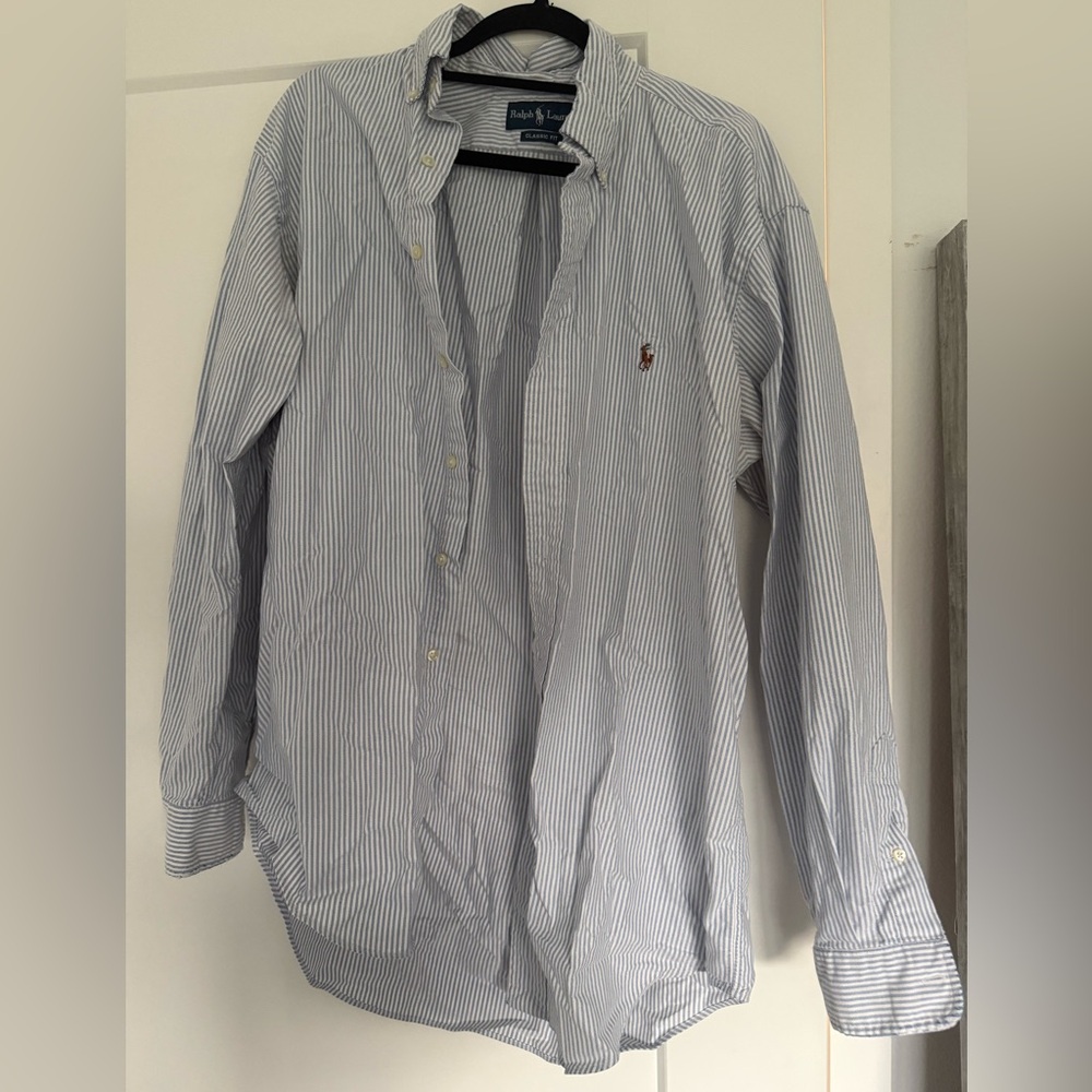 Ralph Lauren Men's White and Blue Striped Shirt